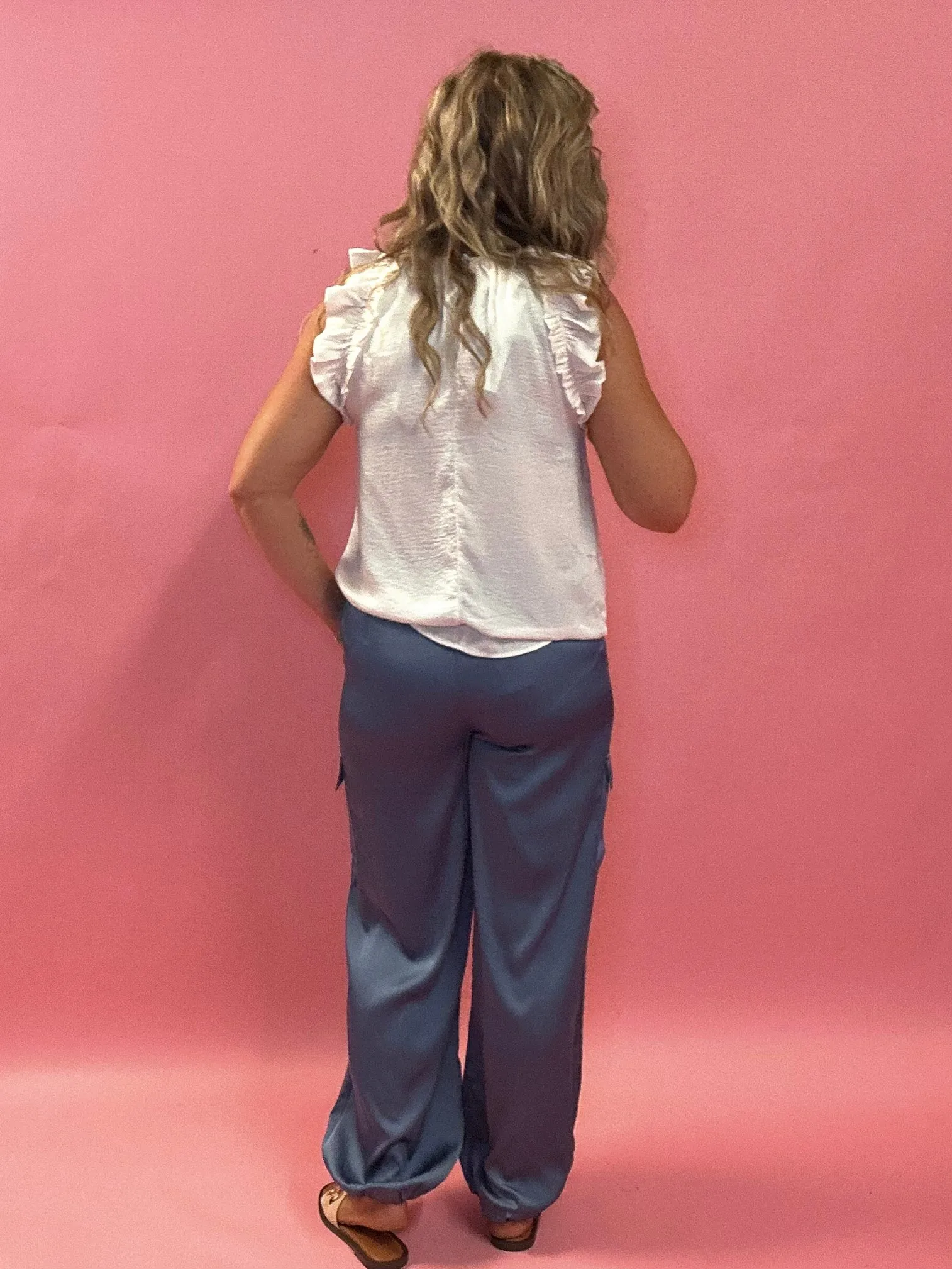 Alana Pocketed Satin Cargo Joggers in Blue