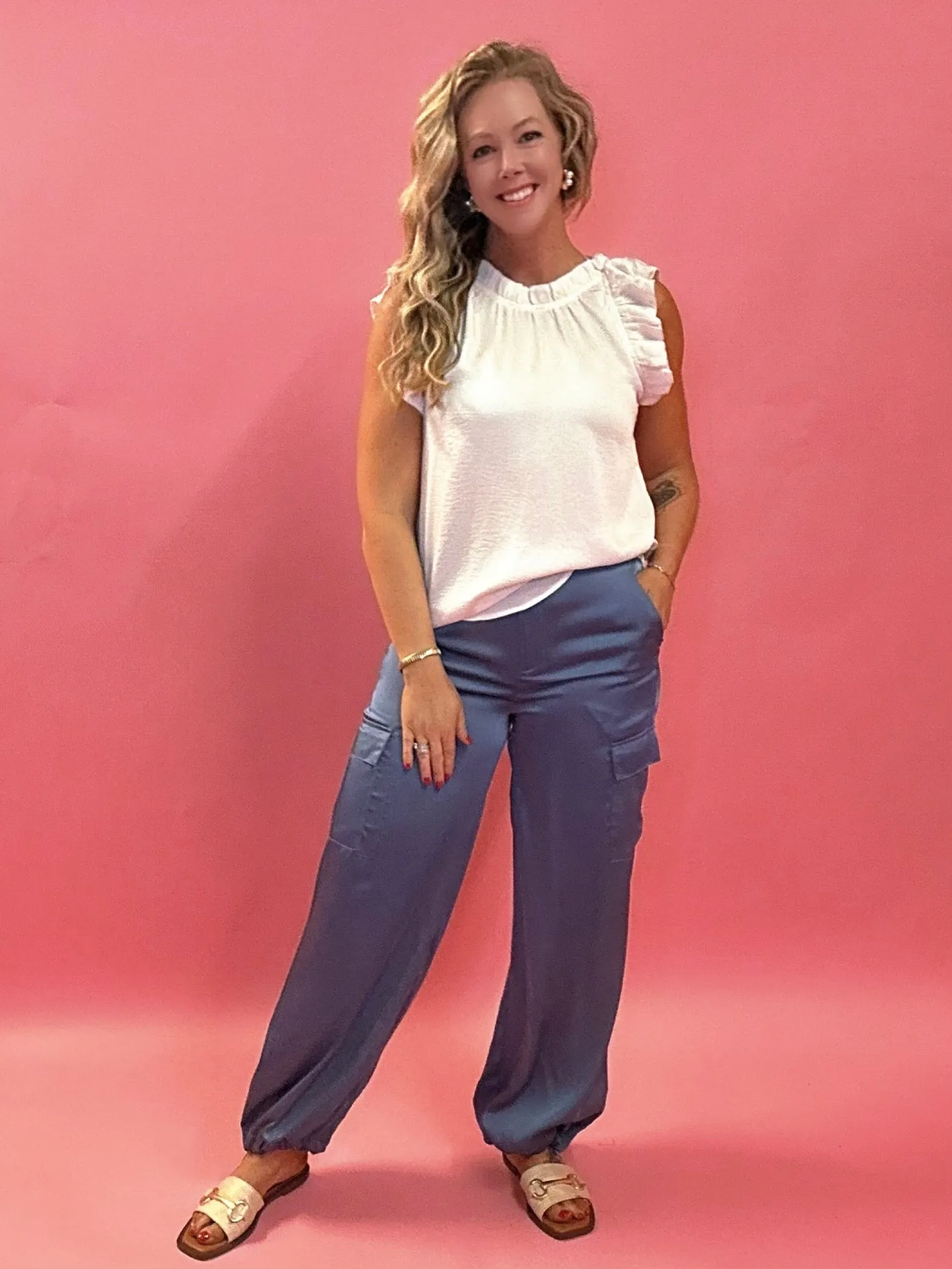 Alana Pocketed Satin Cargo Joggers in Blue