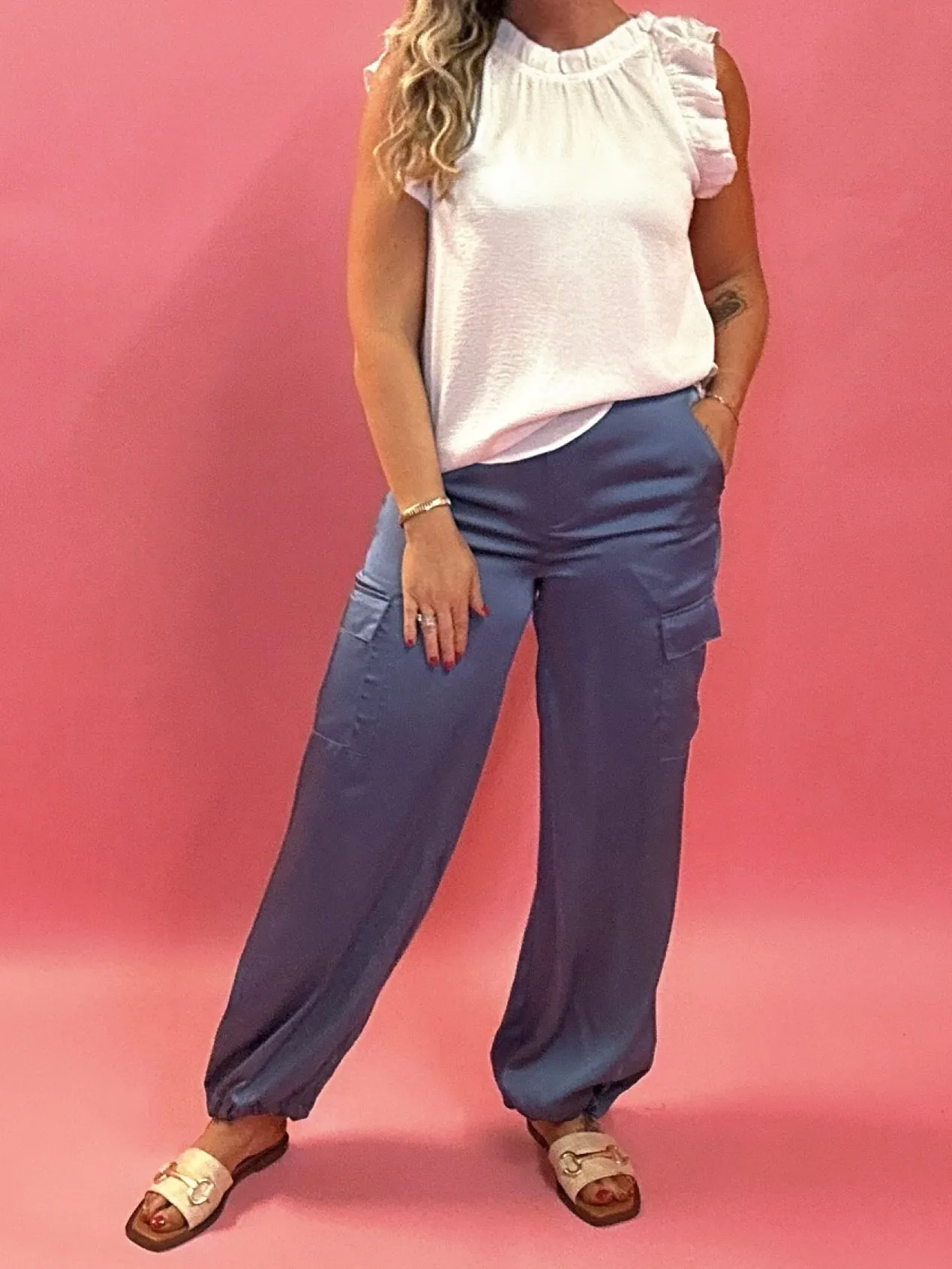 Alana Pocketed Satin Cargo Joggers in Blue
