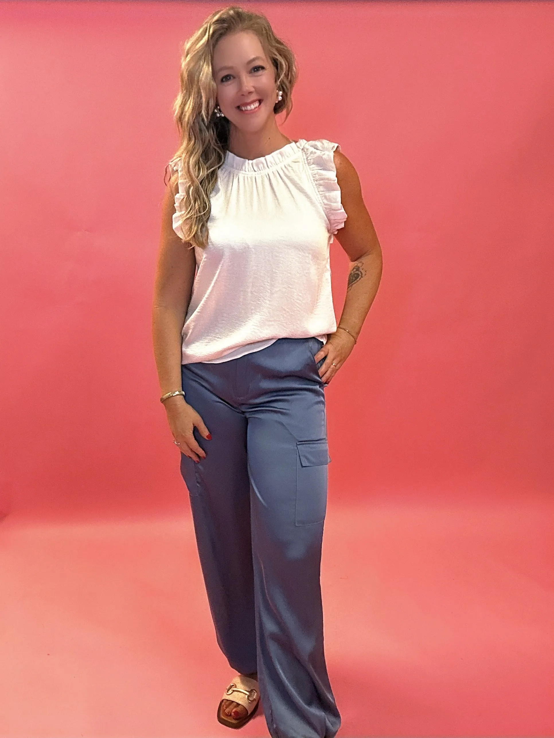 Alana Pocketed Satin Cargo Joggers in Blue