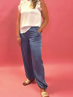 Alana Pocketed Satin Cargo Joggers in Blue