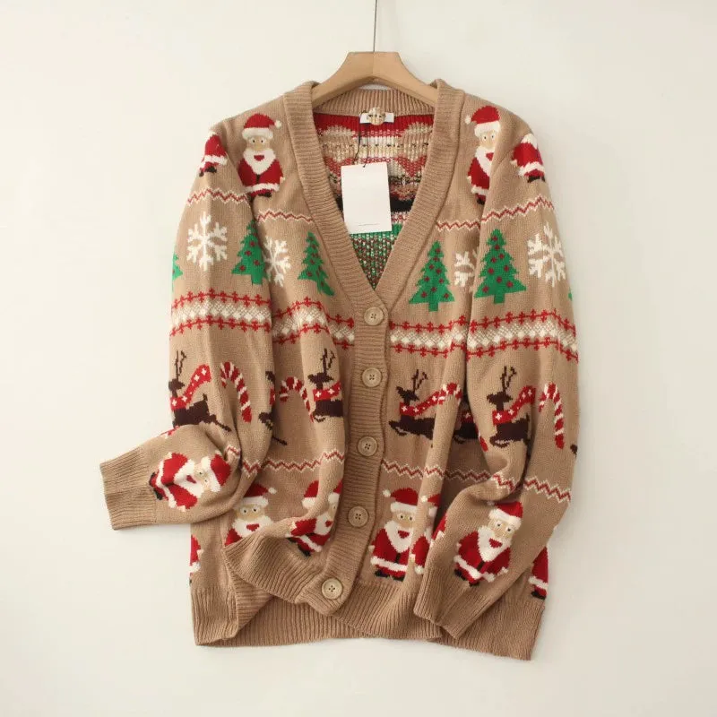 Autumn and winter thick Christmas cartoon loose  V-neck knitted cardigans