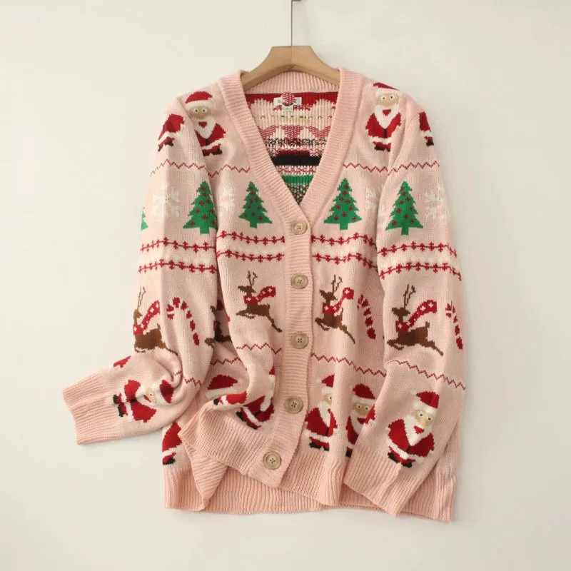 Autumn and winter thick Christmas cartoon loose  V-neck knitted cardigans