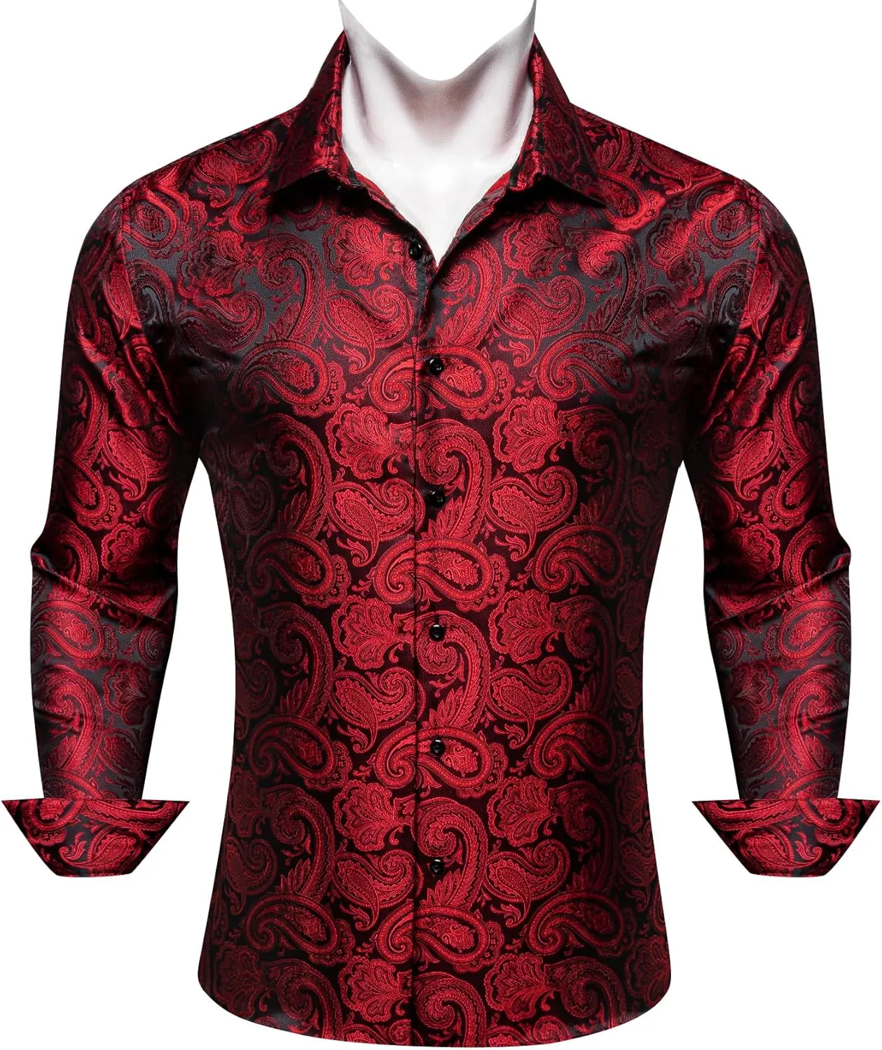 Barry.Wang Men's Silk Shirts Button Down Dress Shirt for Men Satin Paisley Floral Long Sleeve Cowboy Casual Mexico Shirts