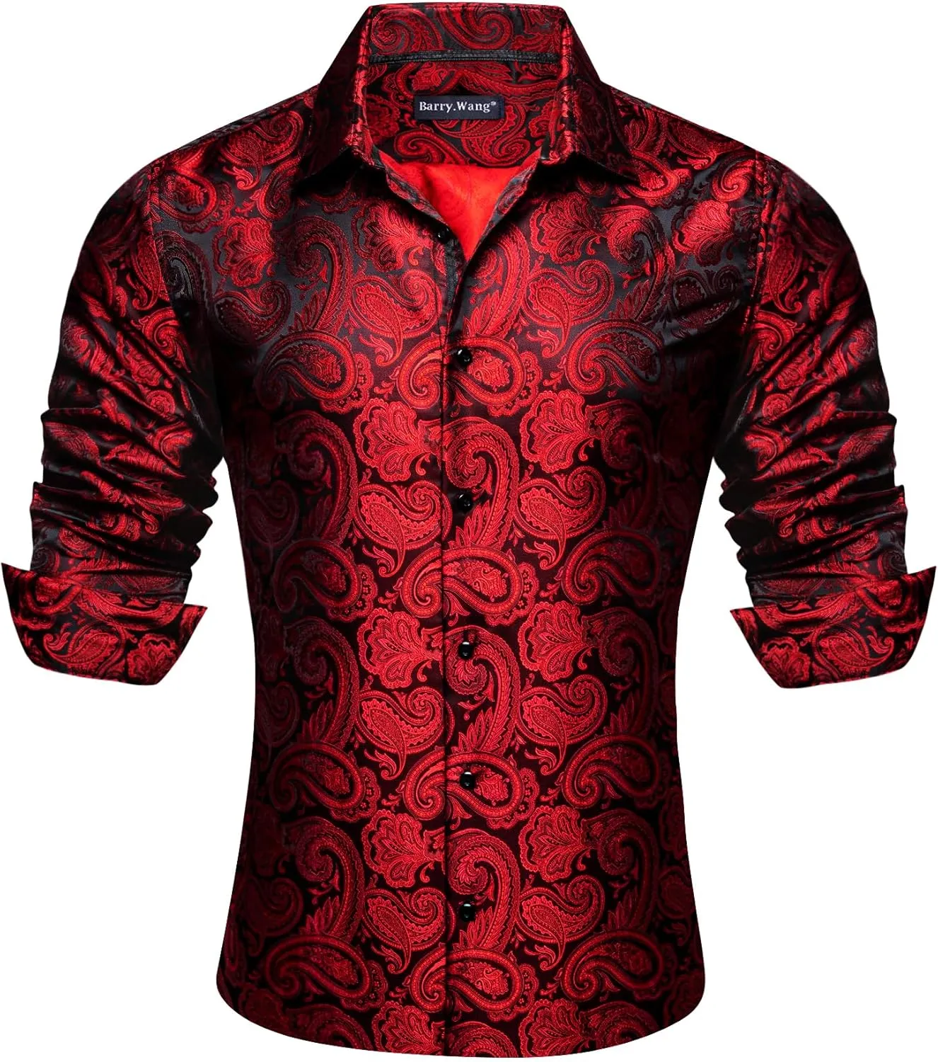 Barry.Wang Men's Silk Shirts Button Down Dress Shirt for Men Satin Paisley Floral Long Sleeve Cowboy Casual Mexico Shirts