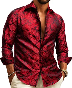Barry.Wang Men's Silk Shirts Button Down Dress Shirt for Men Satin Paisley Floral Long Sleeve Cowboy Casual Mexico Shirts