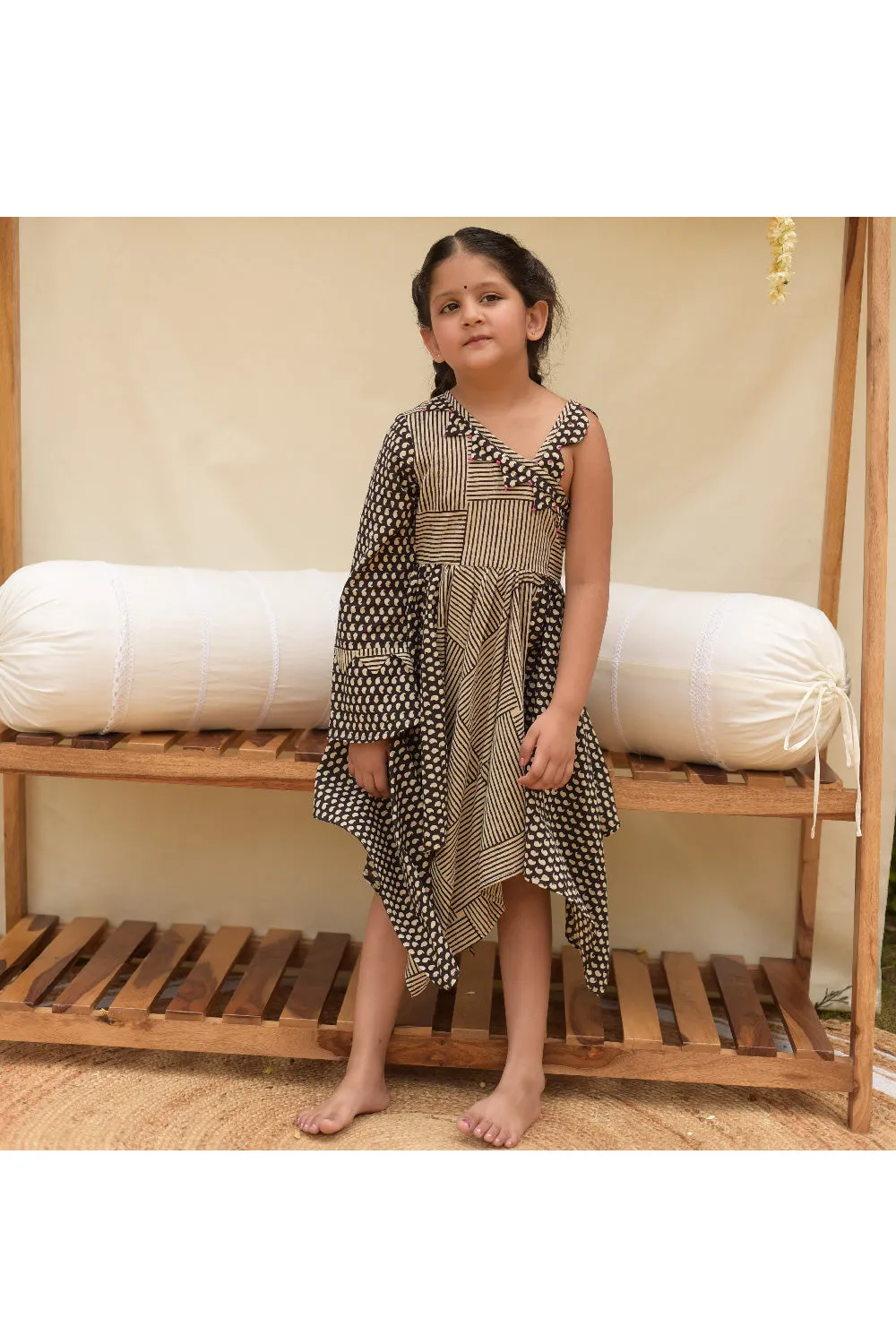 Black And Beige Hand Block Printed Pure Cotton Dress