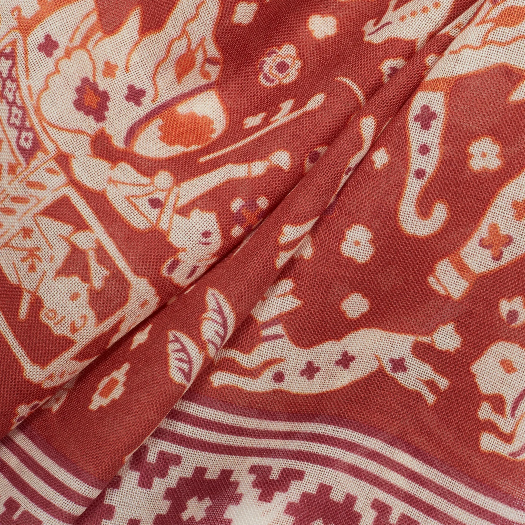 Drake's Burgundy Moghul Elephant Print Wool-Silk Scarf