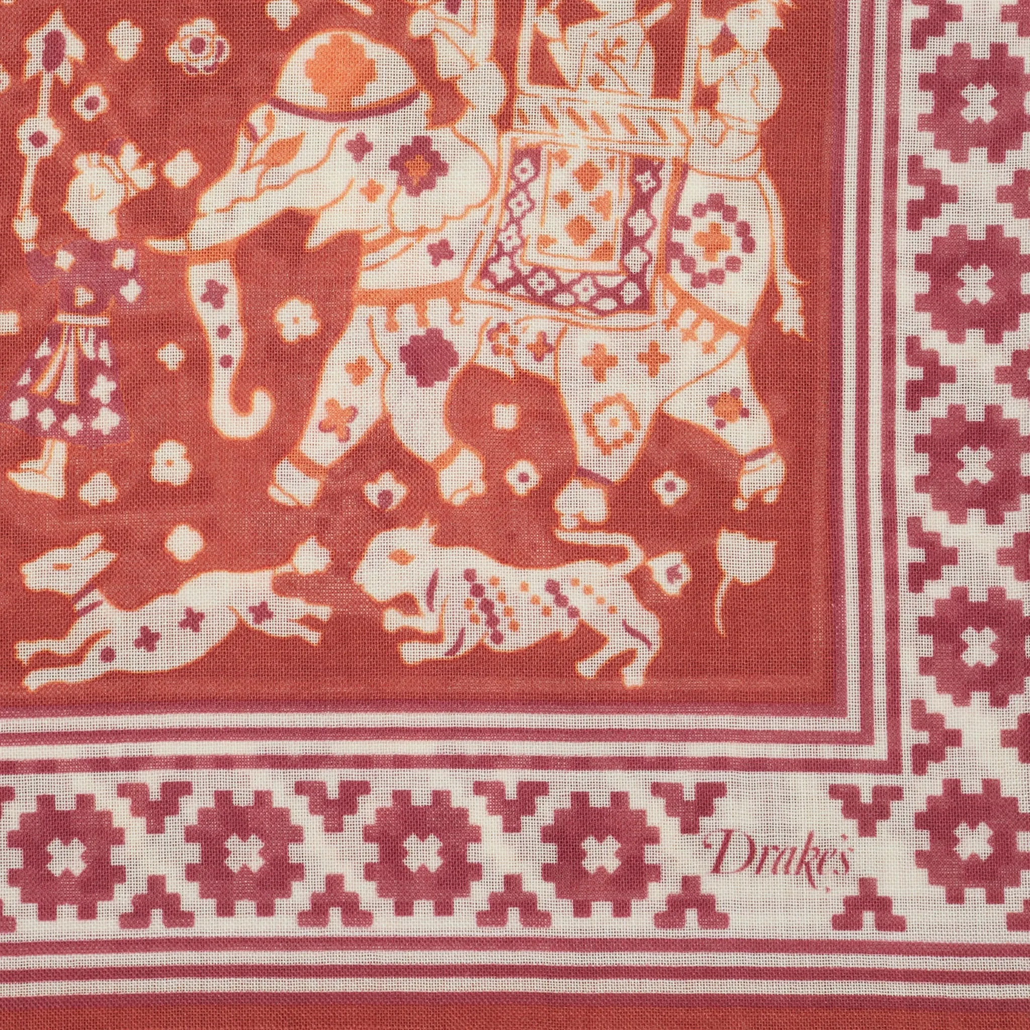 Drake's Burgundy Moghul Elephant Print Wool-Silk Scarf