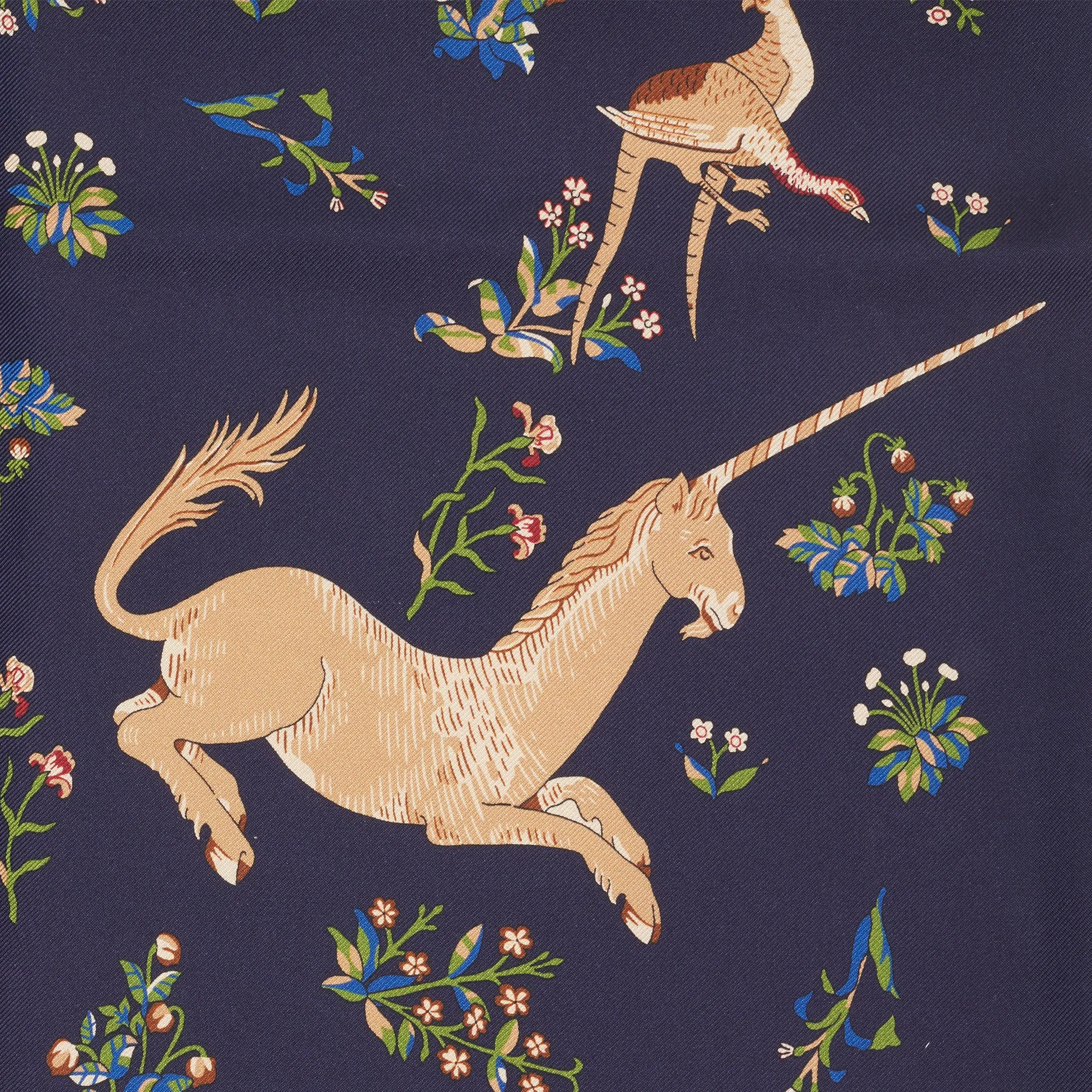 Drake's Navy Unicorn Print Tubular Silk Tasselled Scarf