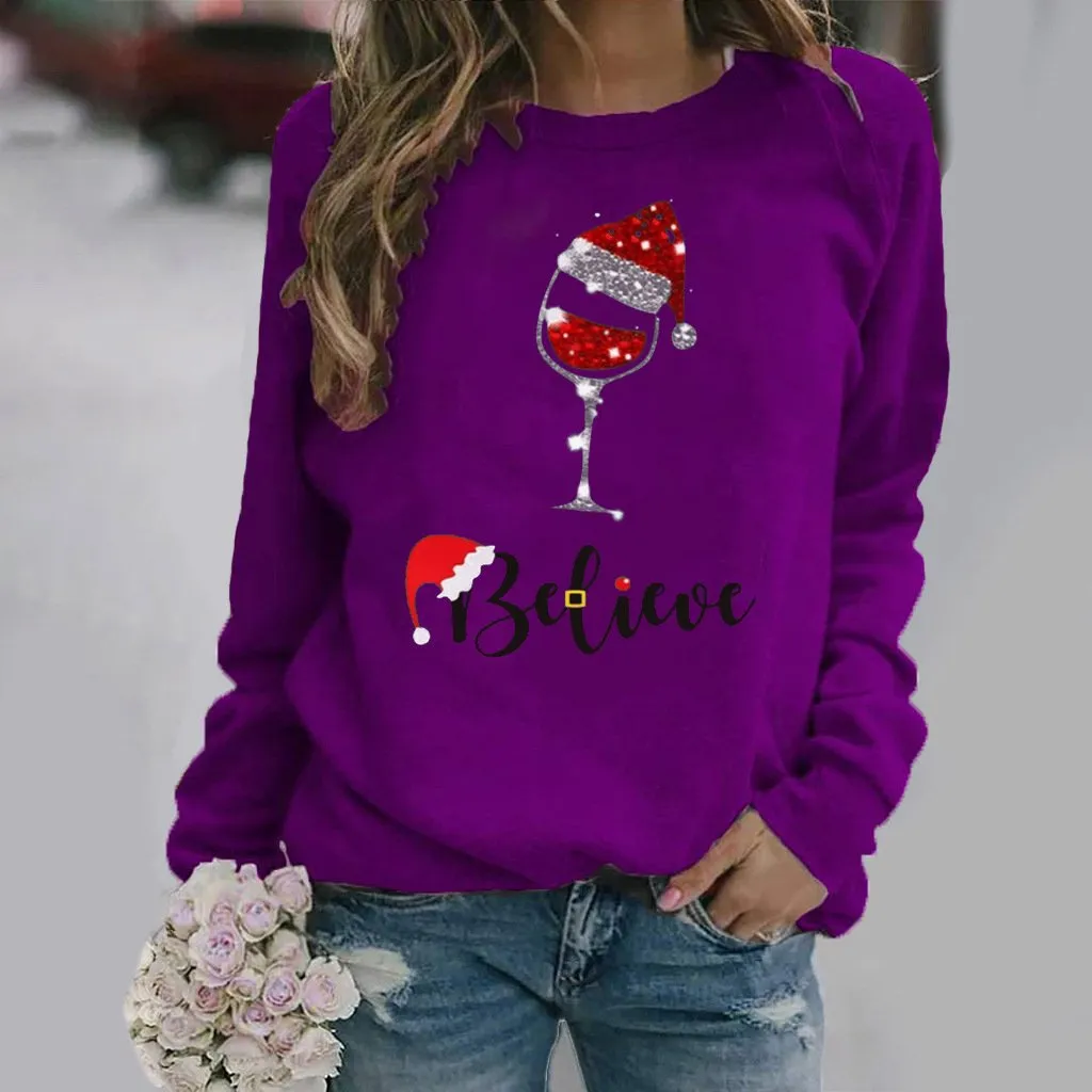 Fashion Christmas pattern printed long-sleeved round neck sweater women