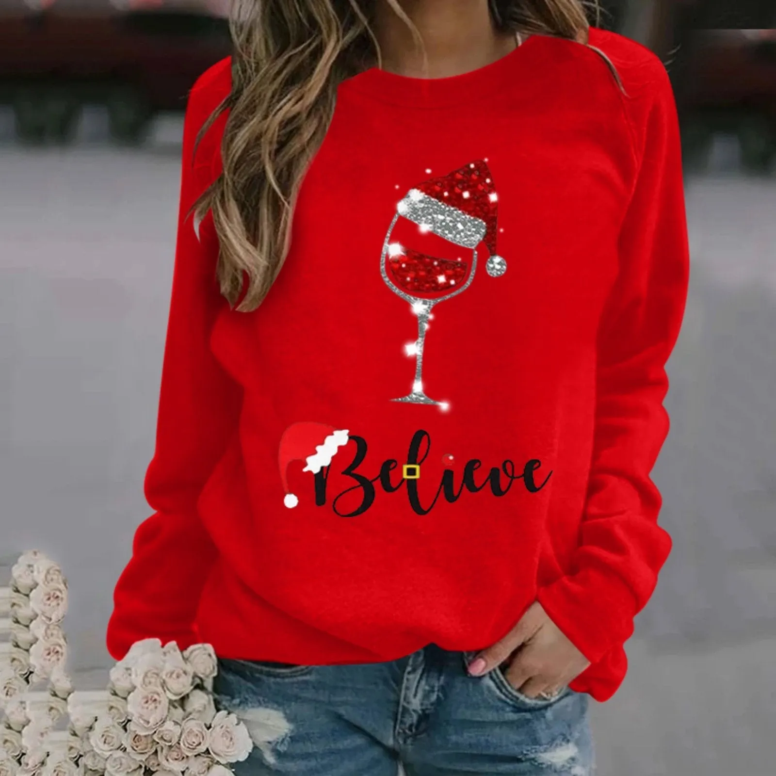Fashion Christmas pattern printed long-sleeved round neck sweater women