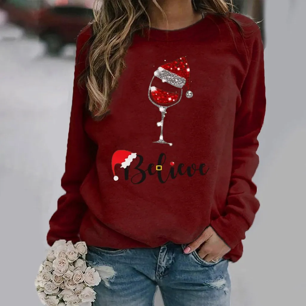Fashion Christmas pattern printed long-sleeved round neck sweater women