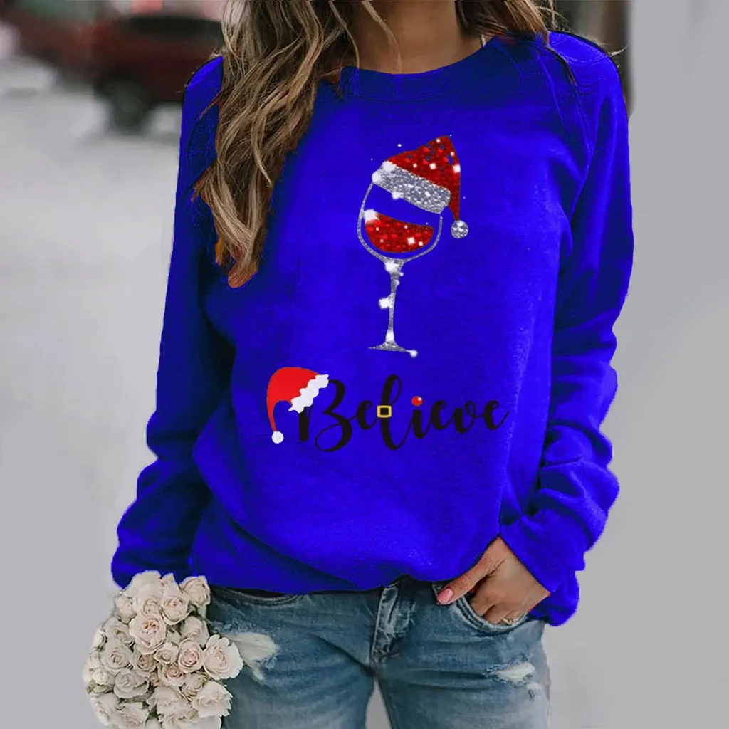 Fashion Christmas pattern printed long-sleeved round neck sweater women