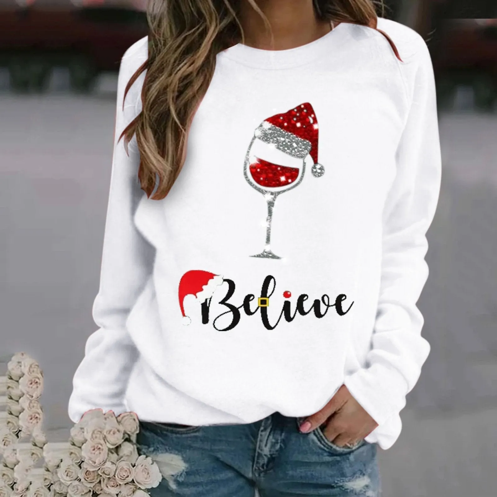 Fashion Christmas pattern printed long-sleeved round neck sweater women