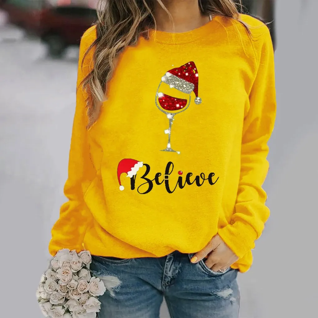 Fashion Christmas pattern printed long-sleeved round neck sweater women