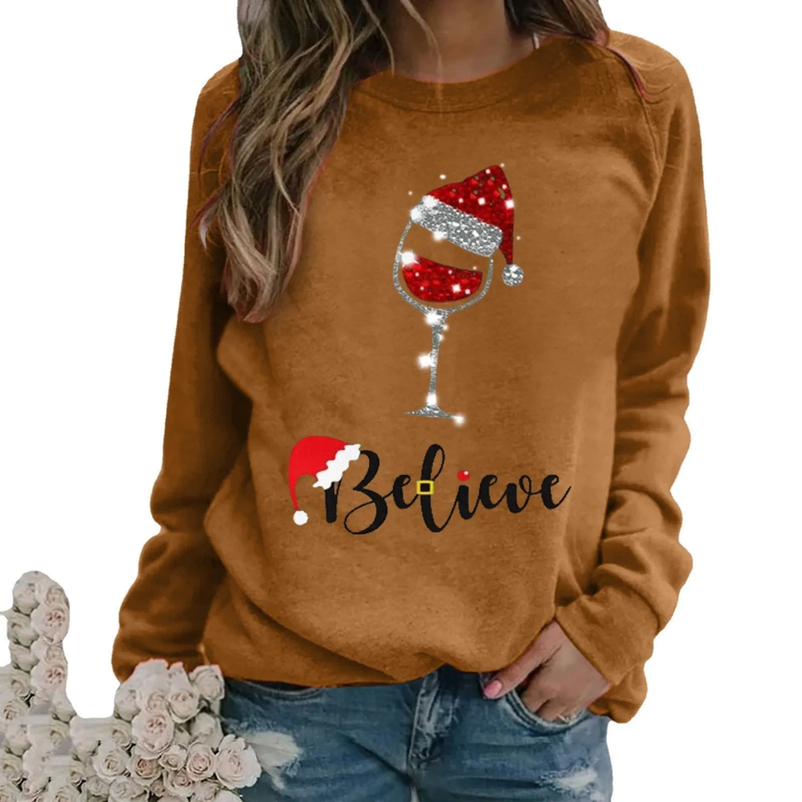 Fashion Christmas pattern printed long-sleeved round neck sweater women