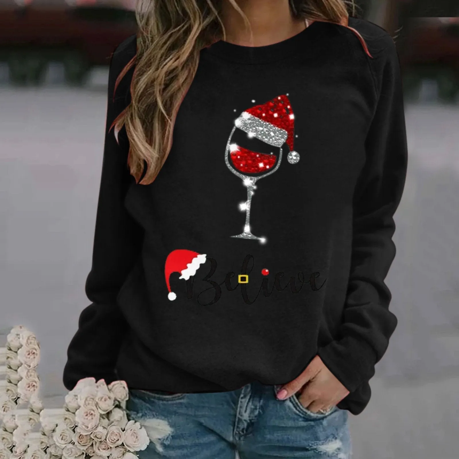 Fashion Christmas pattern printed long-sleeved round neck sweater women