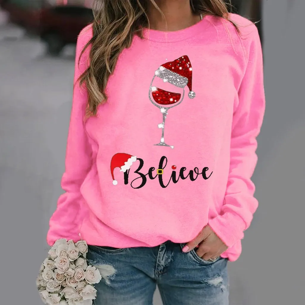 Fashion Christmas pattern printed long-sleeved round neck sweater women