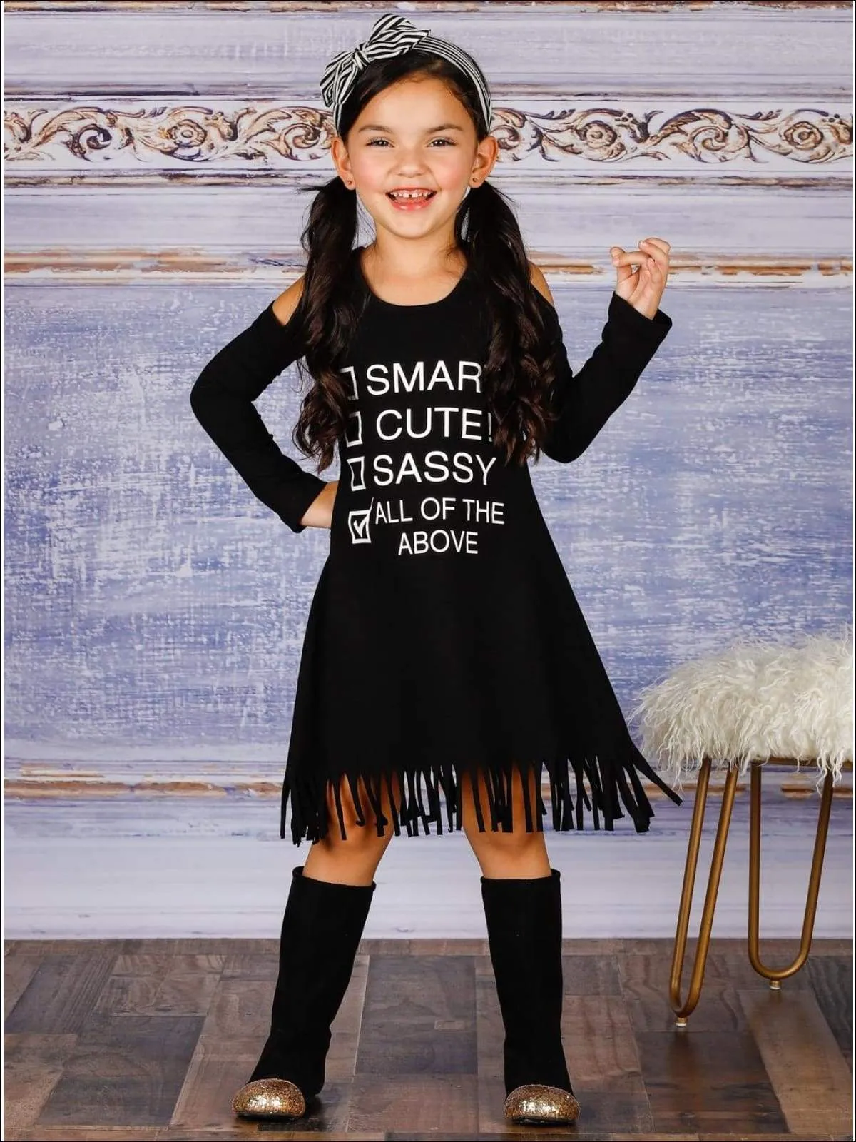 Girls "Smart, Cute, Sassy, All of the Above" Checklist Cold Shoulder Fringe Graphic Statement Dress