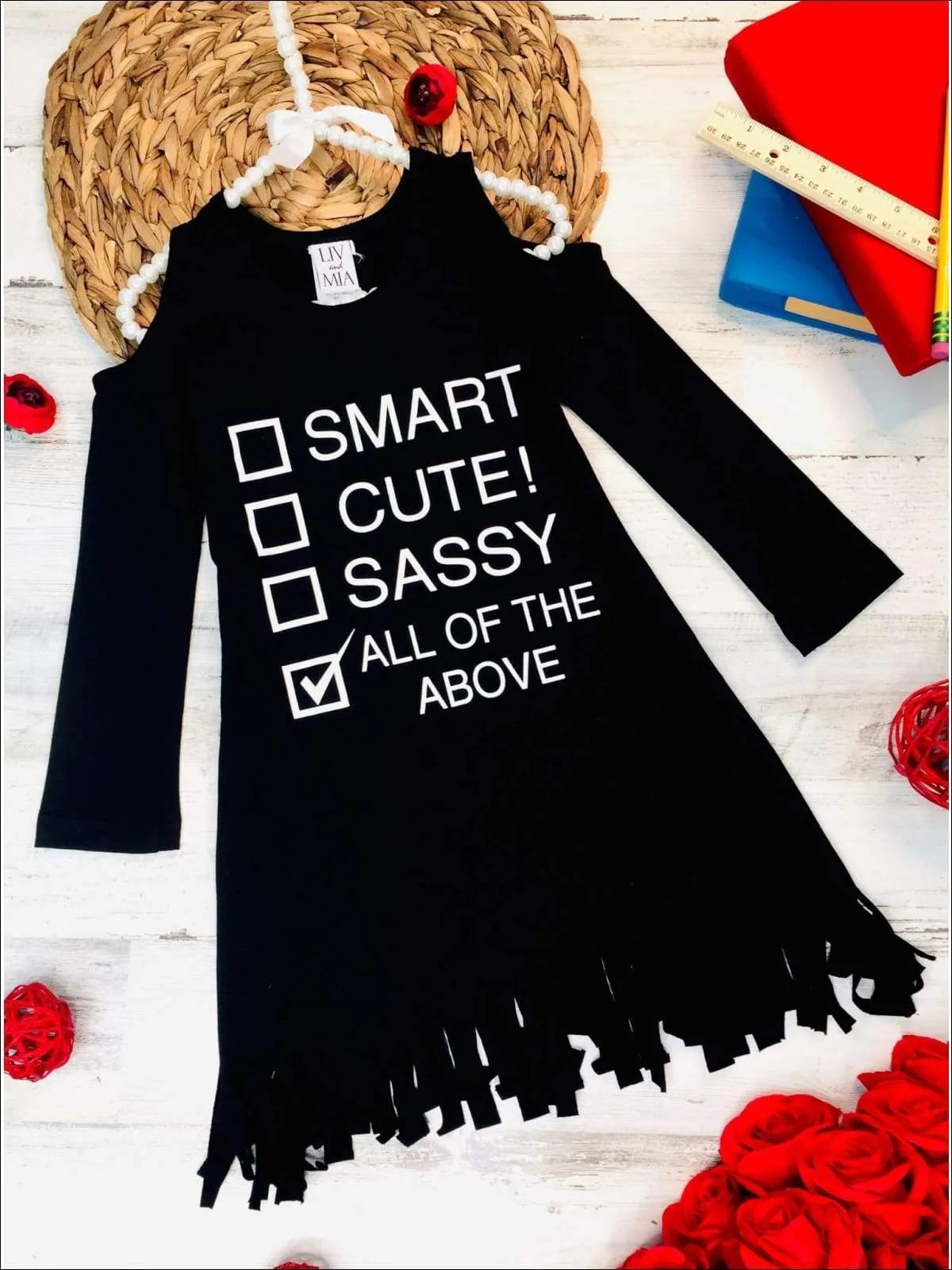 Girls "Smart, Cute, Sassy, All of the Above" Checklist Cold Shoulder Fringe Graphic Statement Dress