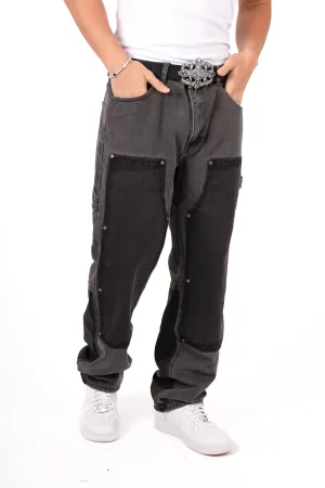 Grey & Black Patchwork Frayed Hem Jeans