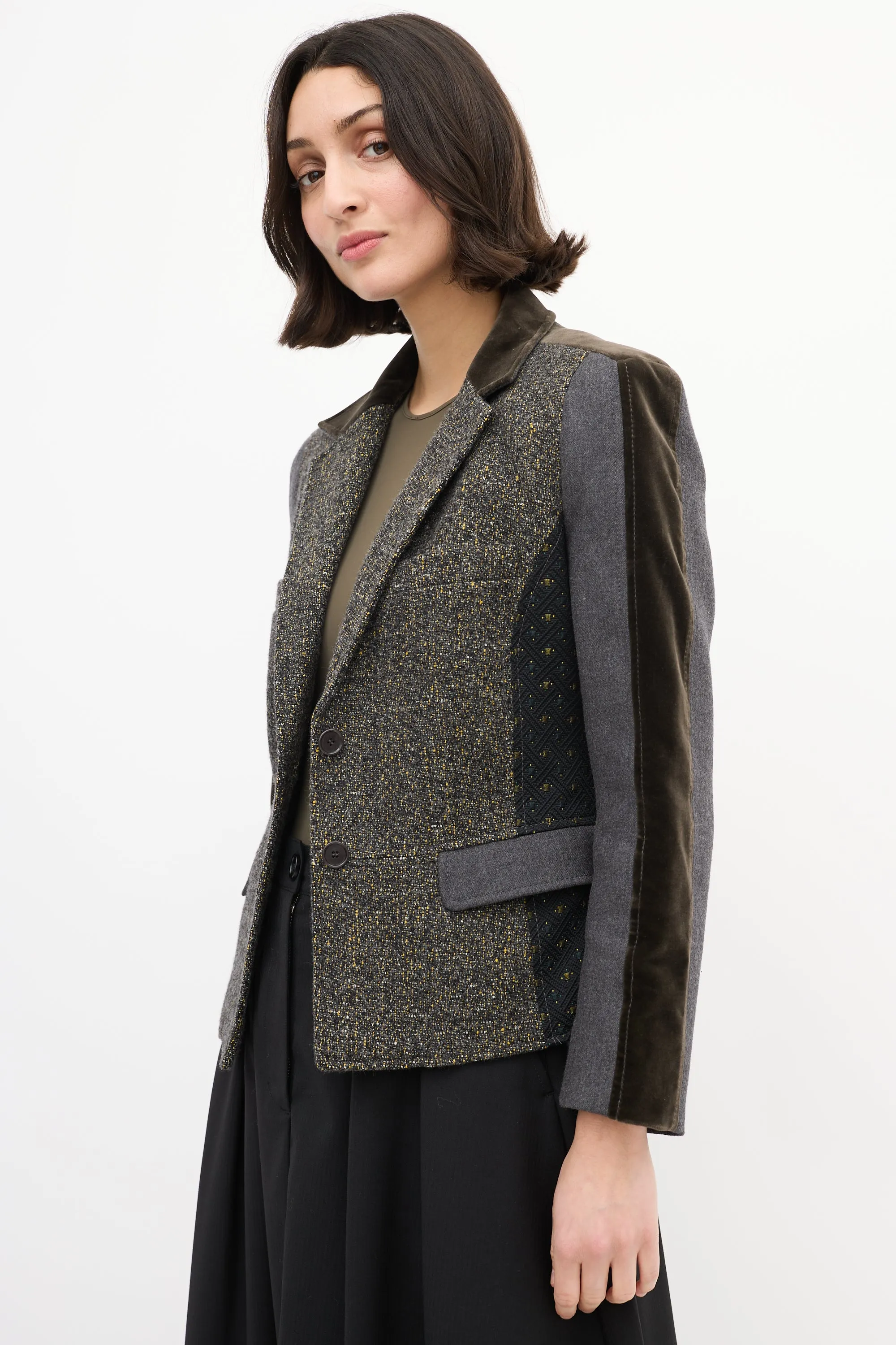 Grey & Multi Tweed Panelled Blazer