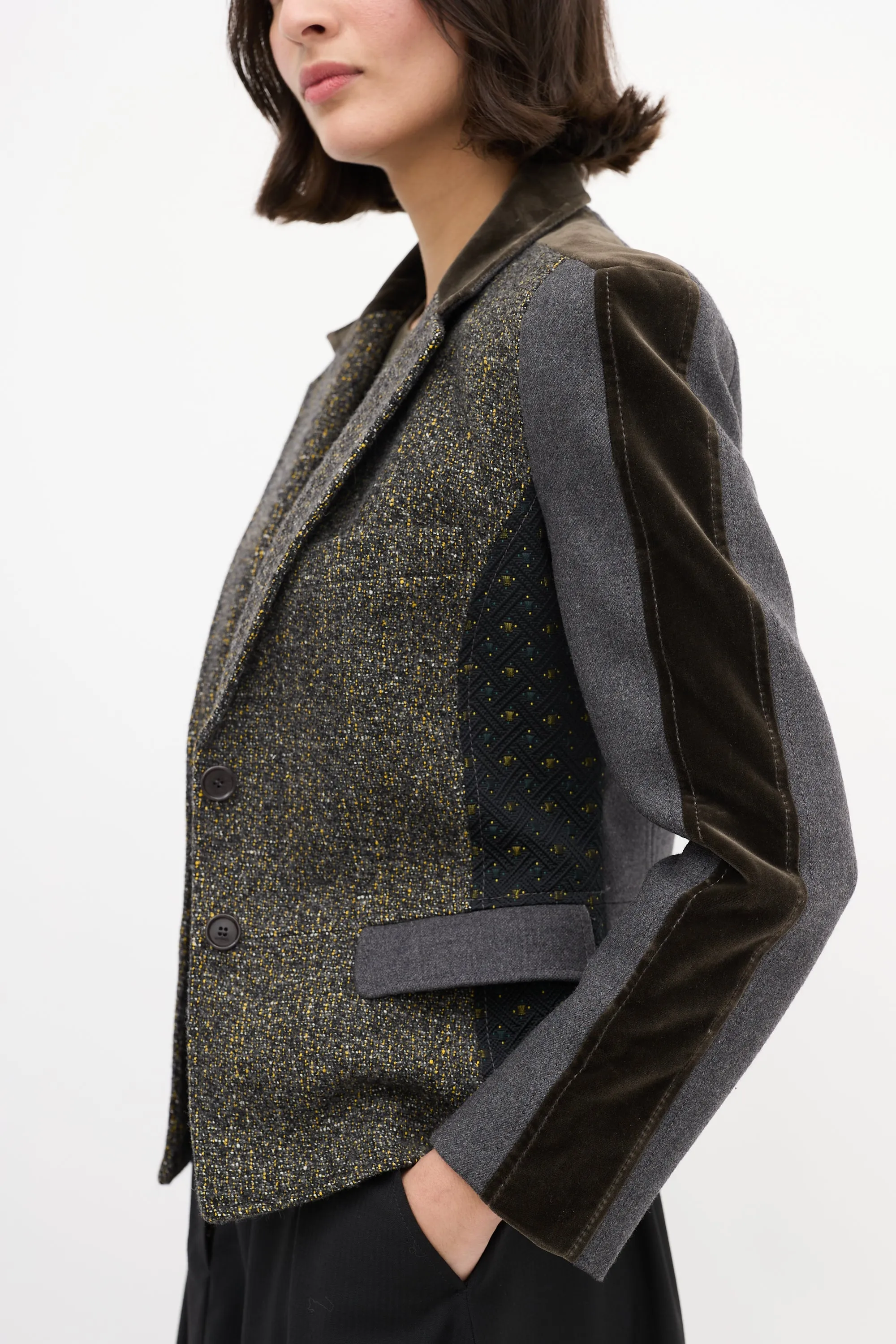 Grey & Multi Tweed Panelled Blazer