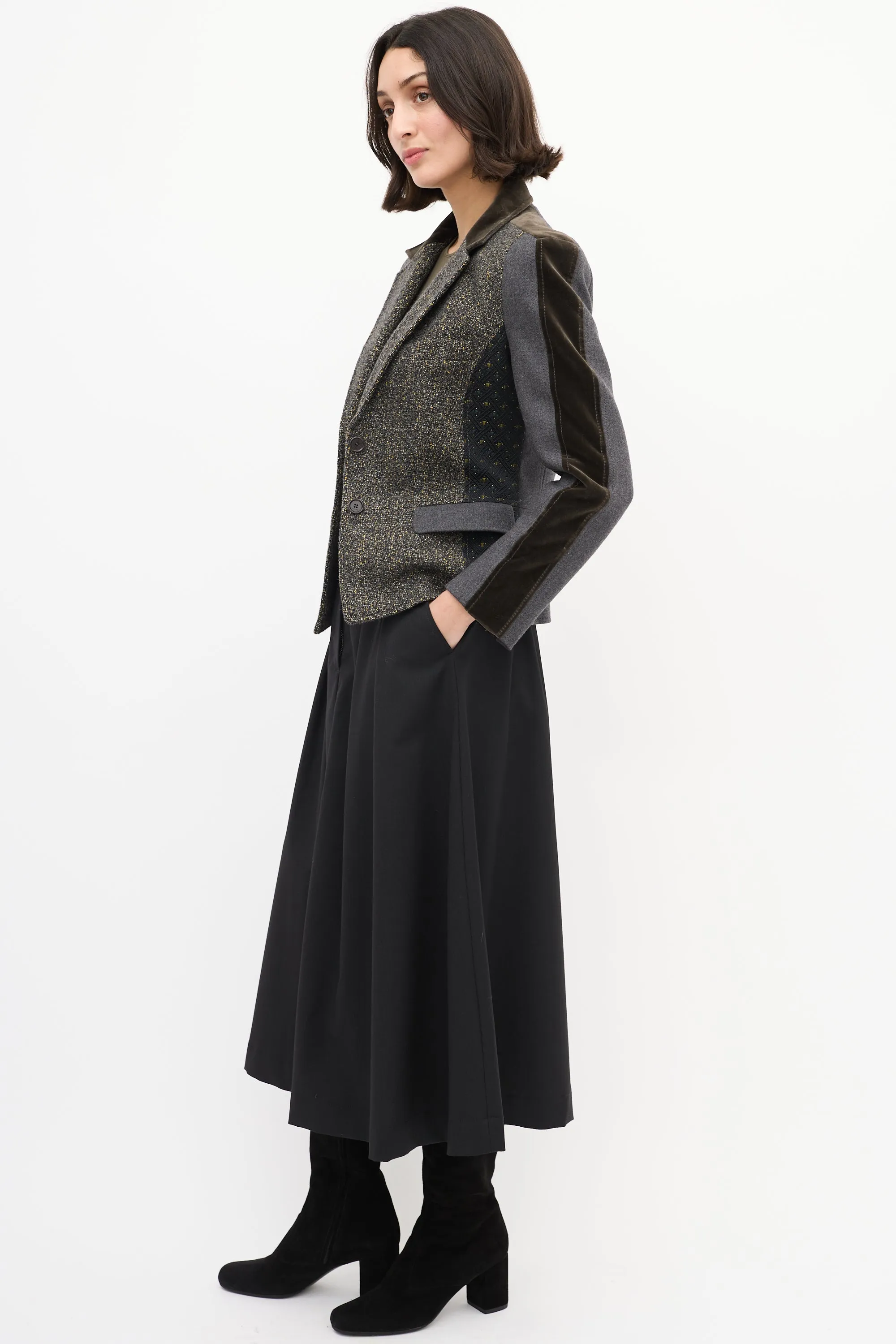 Grey & Multi Tweed Panelled Blazer