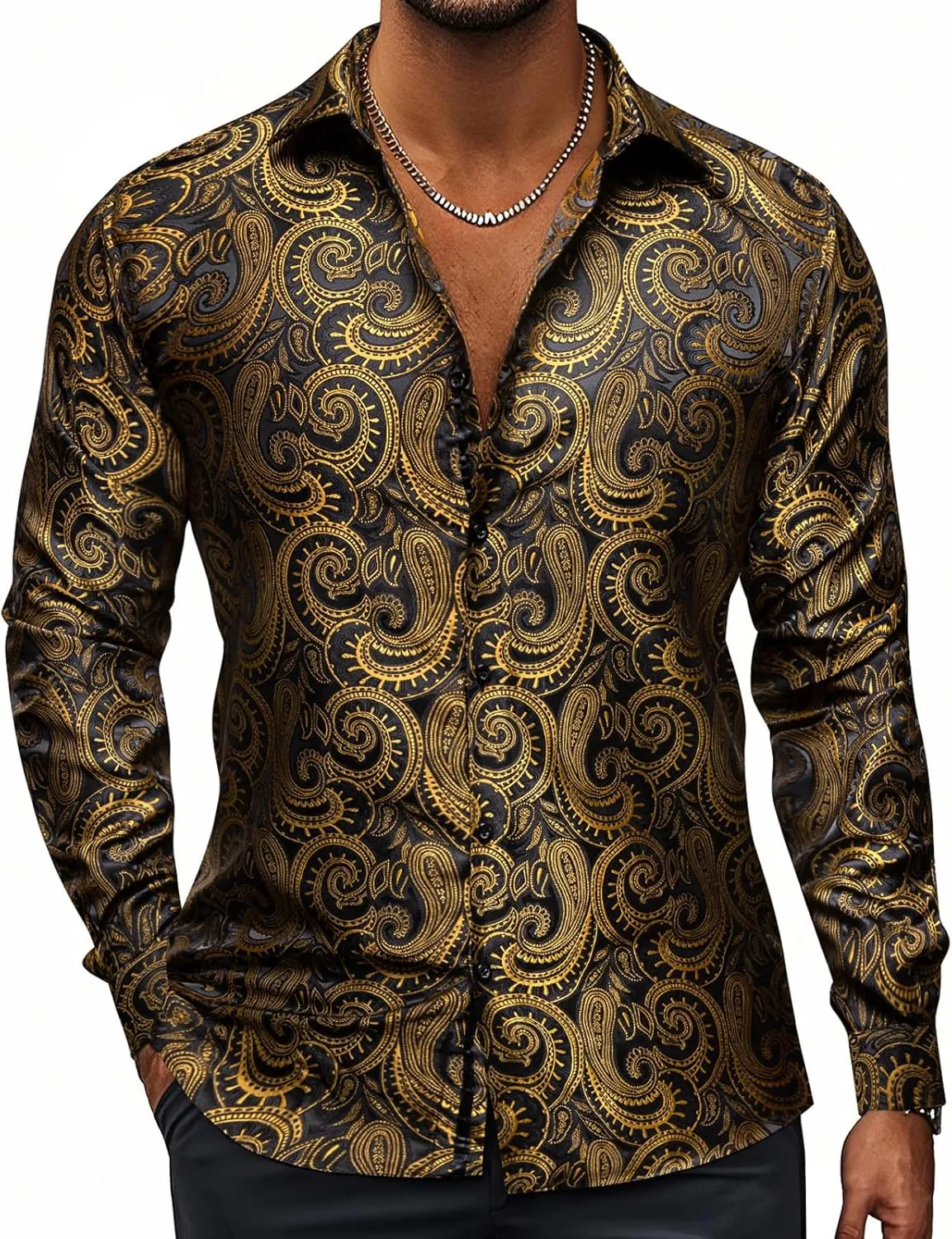 Hi-Tie Silk Mens Paisley Dress Shirts Casual Long Sleeve Button Down Regular Fit Shirts Formal Wedding Party Business