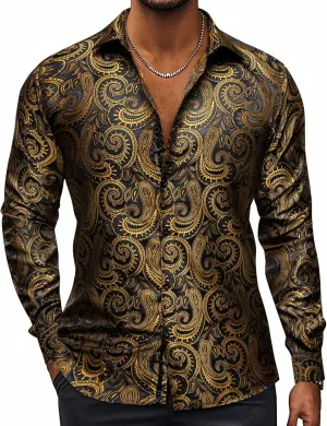 Hi-Tie Silk Mens Paisley Dress Shirts Casual Long Sleeve Button Down Regular Fit Shirts Formal Wedding Party Business