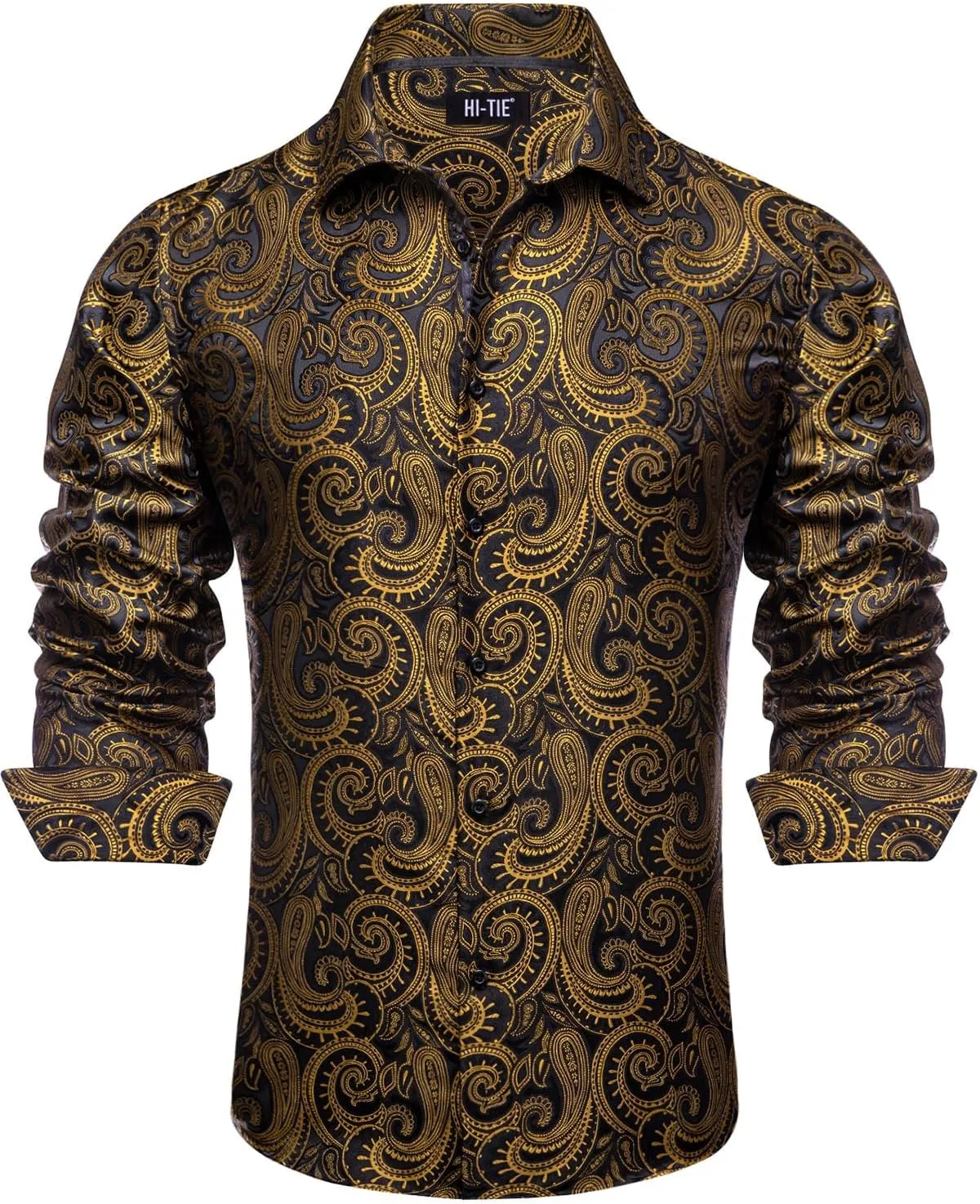 Hi-Tie Silk Mens Paisley Dress Shirts Casual Long Sleeve Button Down Regular Fit Shirts Formal Wedding Party Business