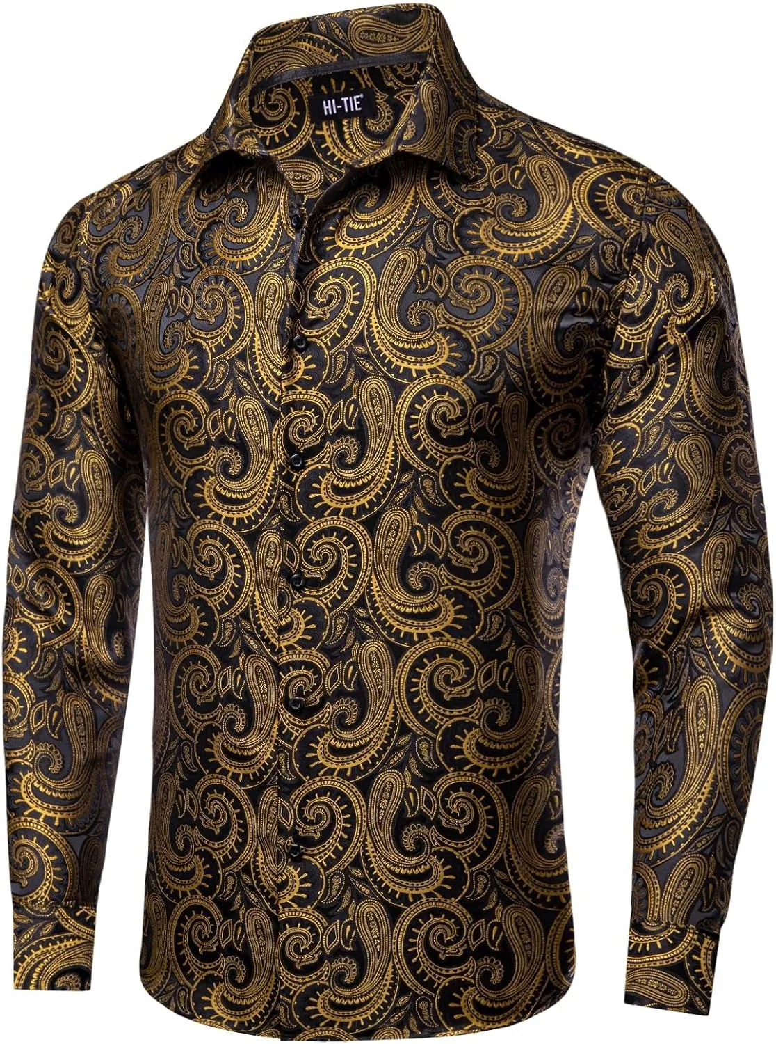 Hi-Tie Silk Mens Paisley Dress Shirts Casual Long Sleeve Button Down Regular Fit Shirts Formal Wedding Party Business