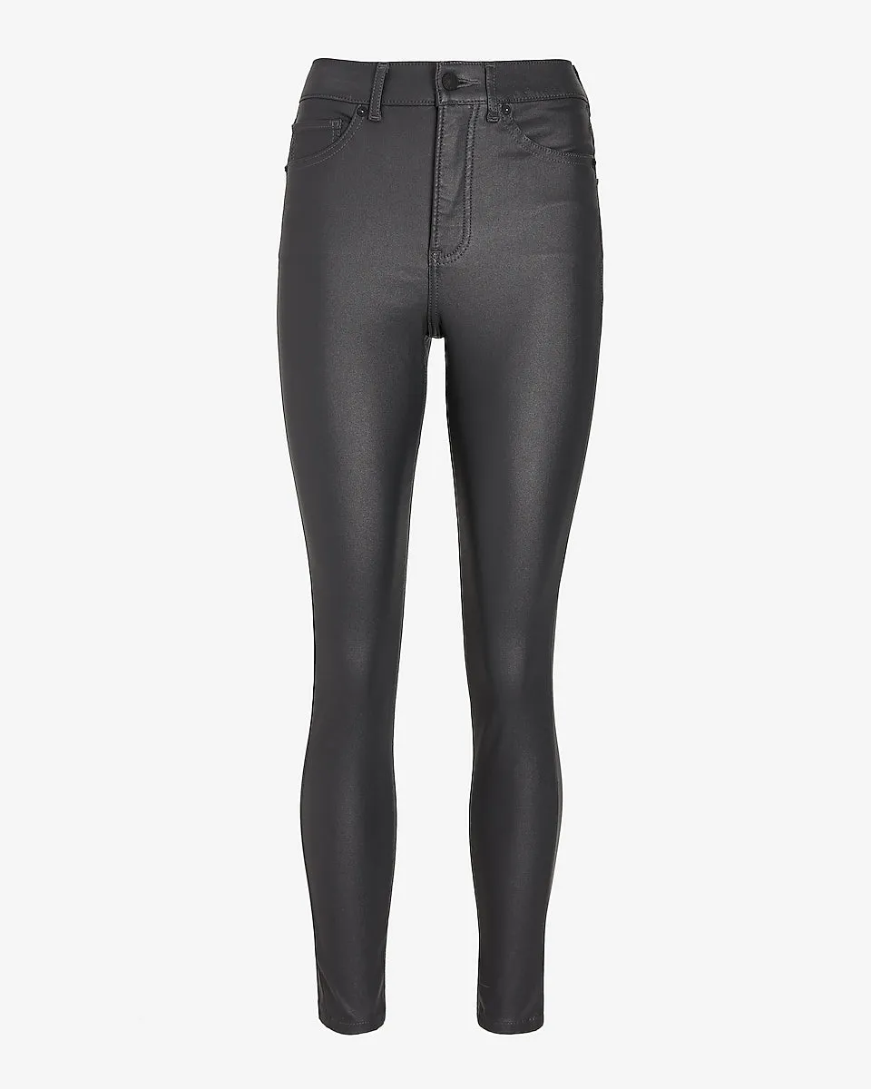 High Waisted Gray Coated Skinny Jeans in Iron