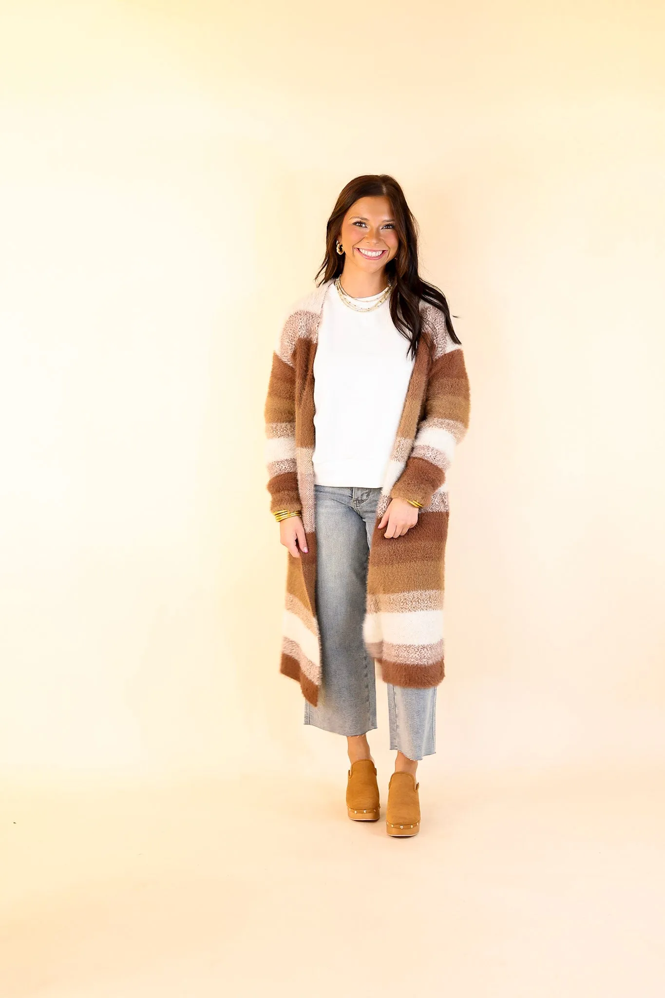Lost in Layers Striped Eyelash Cardigan in Rust Mix