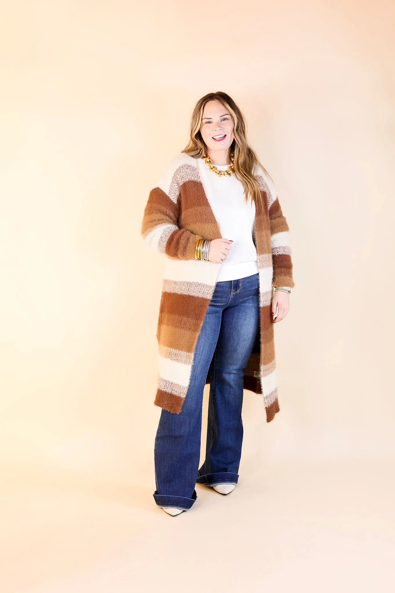 Lost in Layers Striped Eyelash Cardigan in Rust Mix