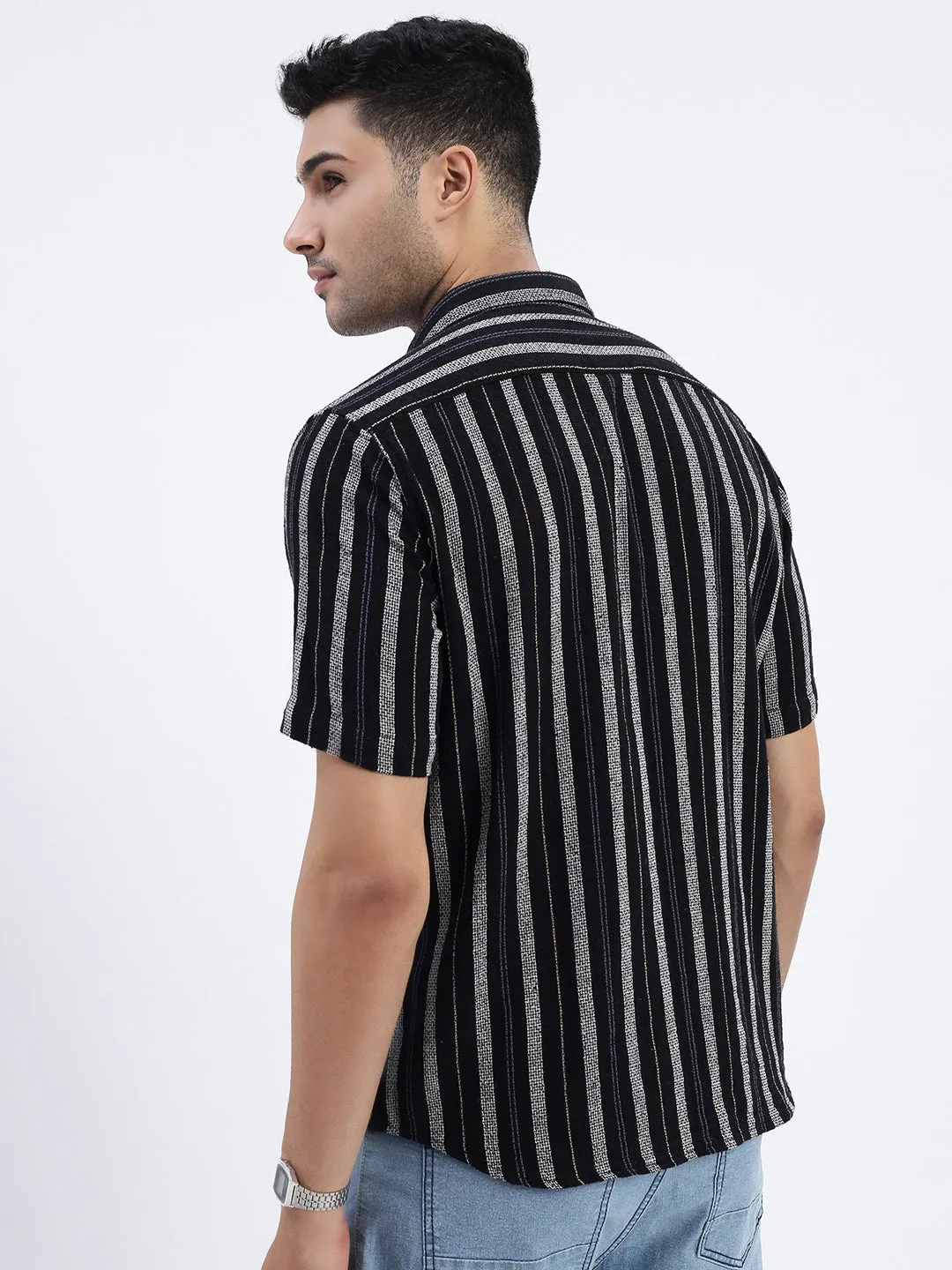 Men Black Spread Collar Striped Slim Fit Shirt