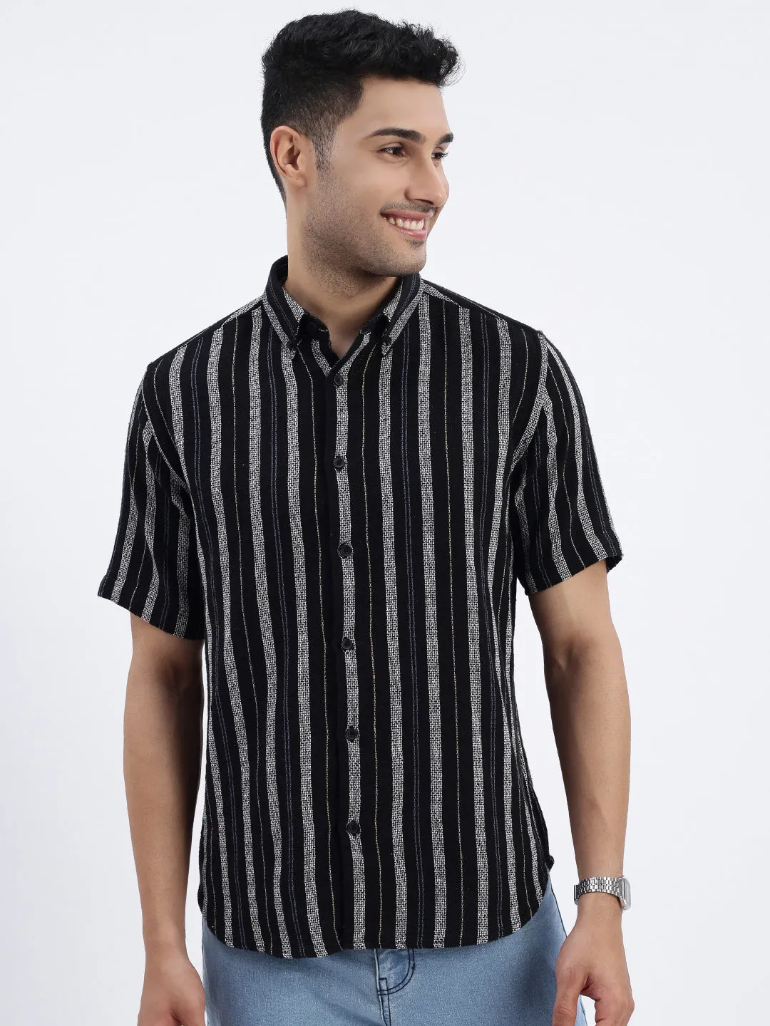 Men Black Spread Collar Striped Slim Fit Shirt
