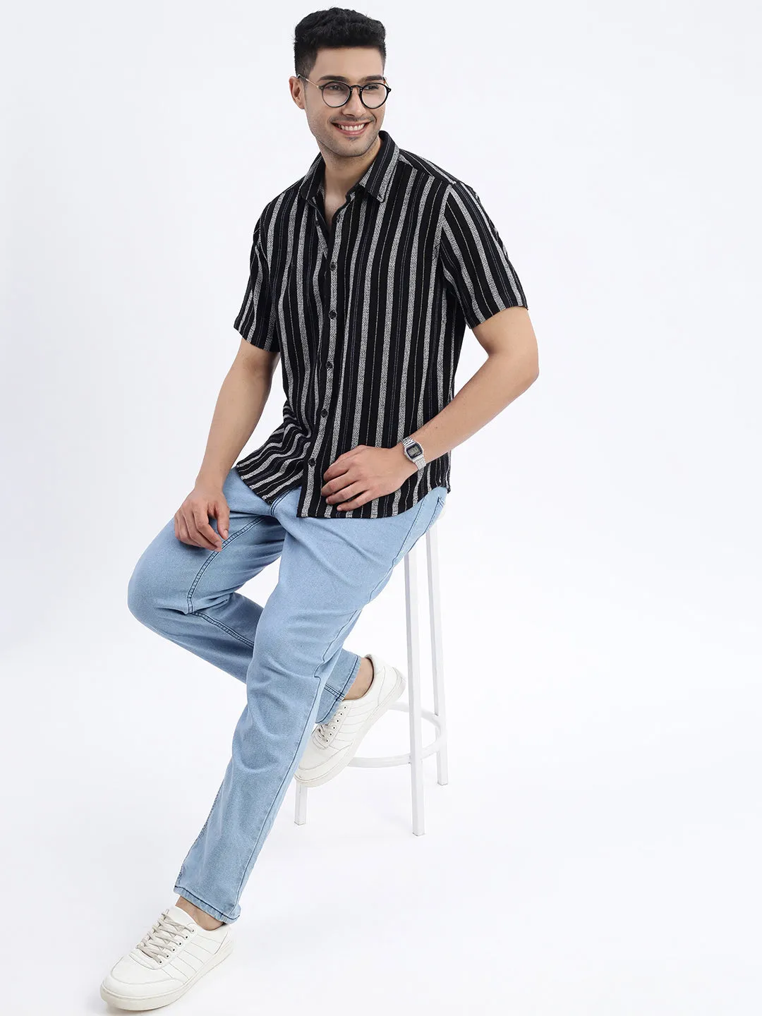 Men Black Spread Collar Striped Slim Fit Shirt