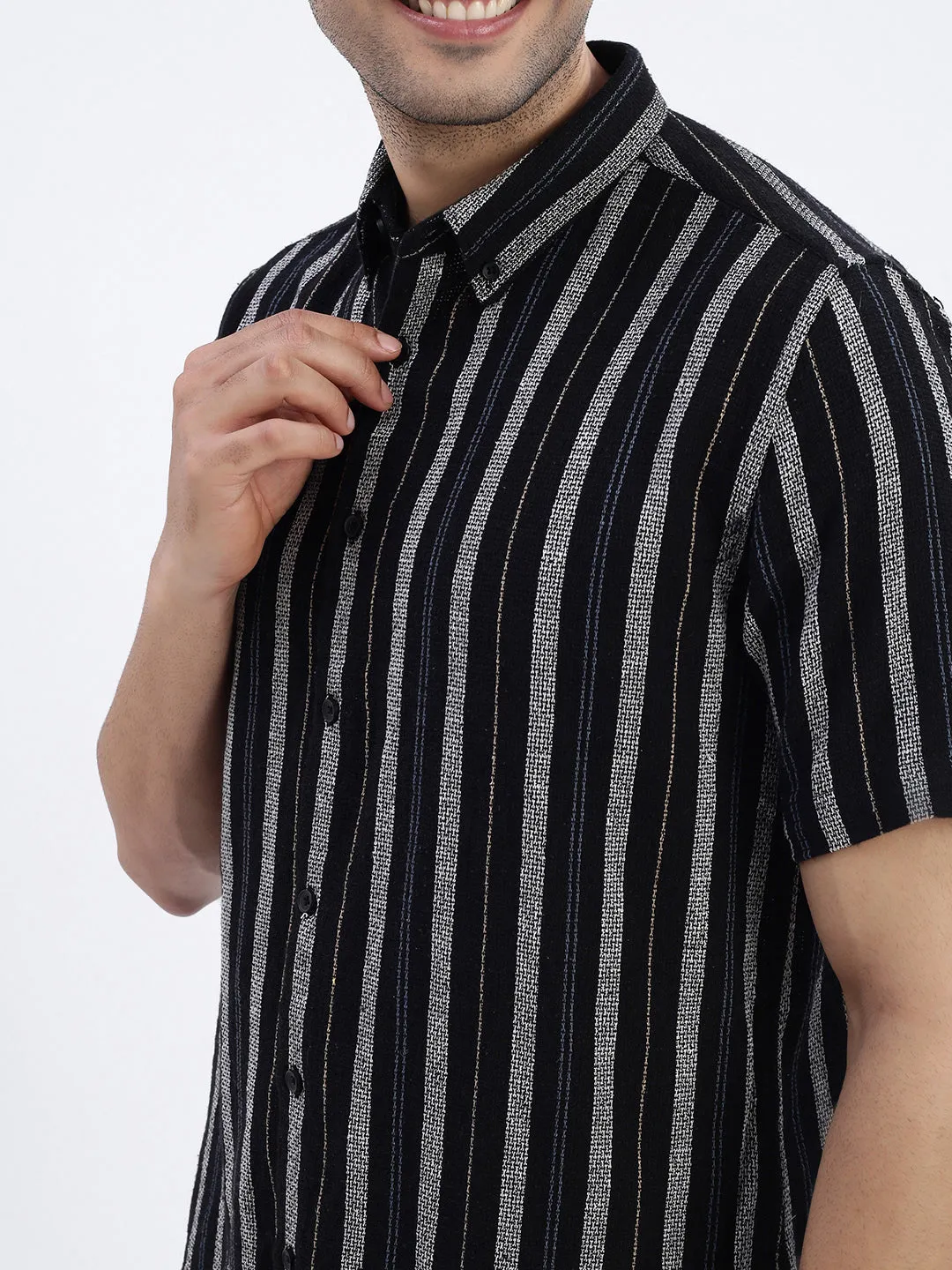 Men Black Spread Collar Striped Slim Fit Shirt