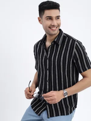 Men Black Spread Collar Striped Slim Fit Shirt