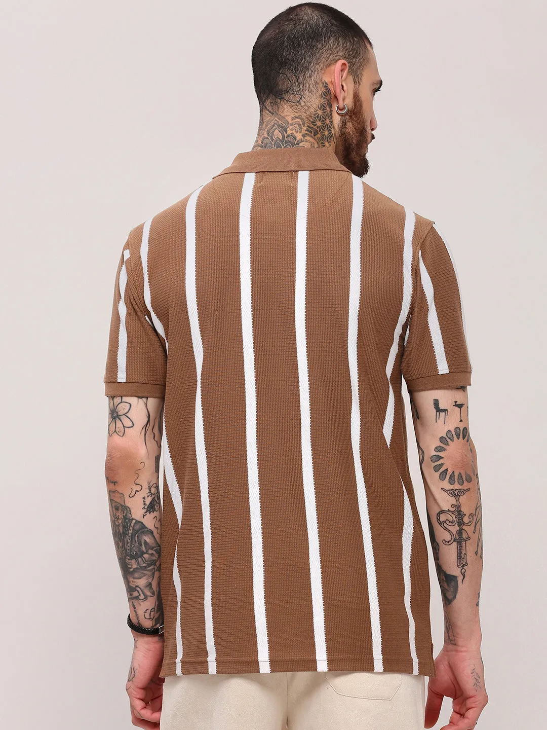 Men Brown Striped Polo Collar Cotton T-Shirt