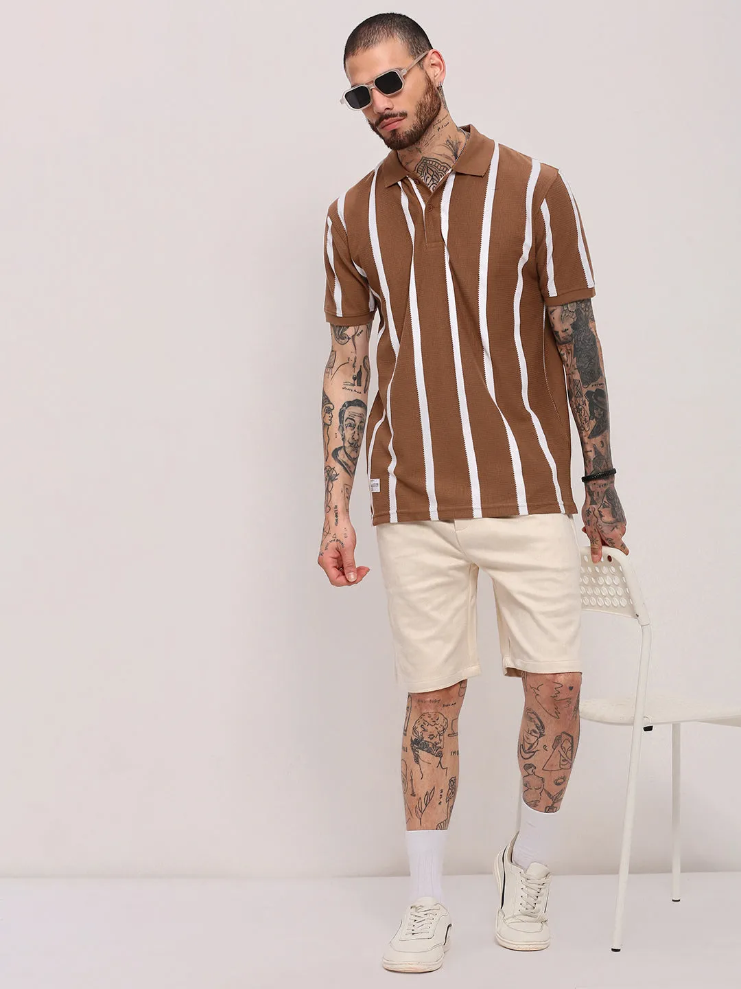 Men Brown Striped Polo Collar Cotton T-Shirt