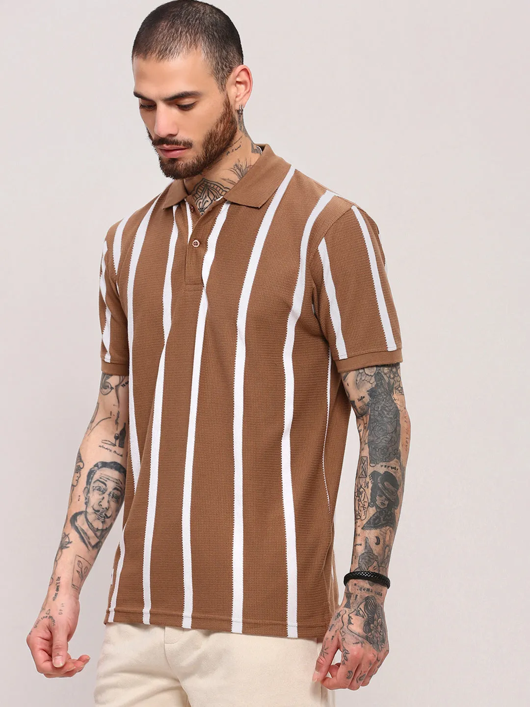 Men Brown Striped Polo Collar Cotton T-Shirt