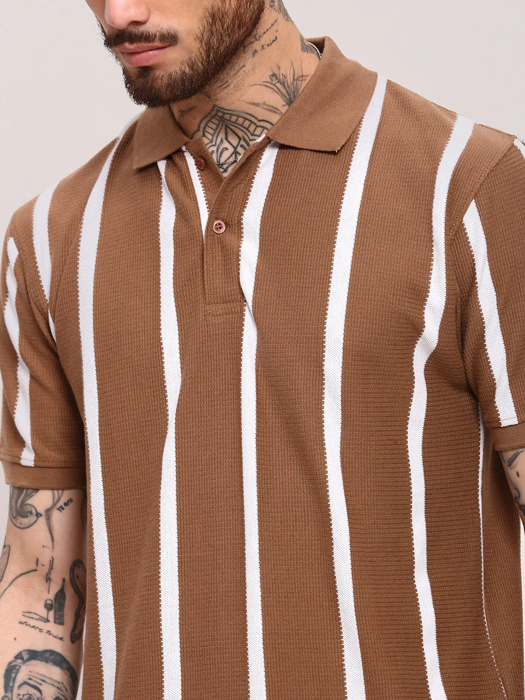 Men Brown Striped Polo Collar Cotton T-Shirt