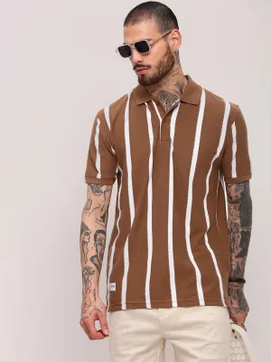 Men Brown Striped Polo Collar Cotton T-Shirt