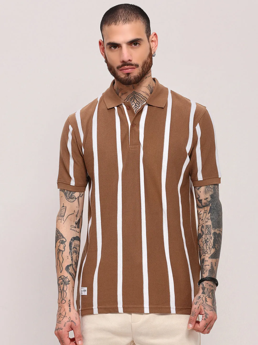 Men Brown Striped Polo Collar Cotton T-Shirt
