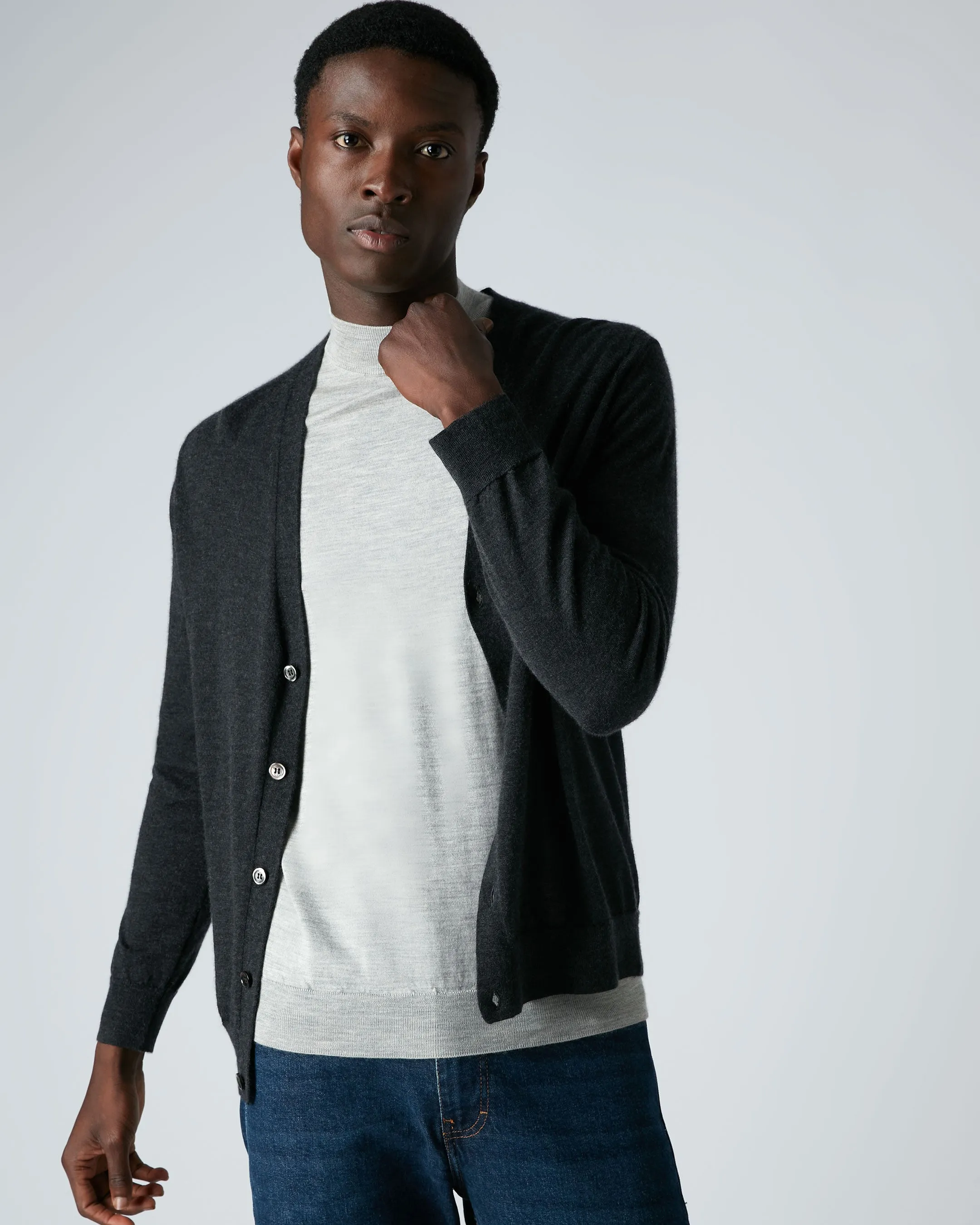 Men's Curzon Fine Gauge Cashmere Cardigan Dark Charcoal Grey