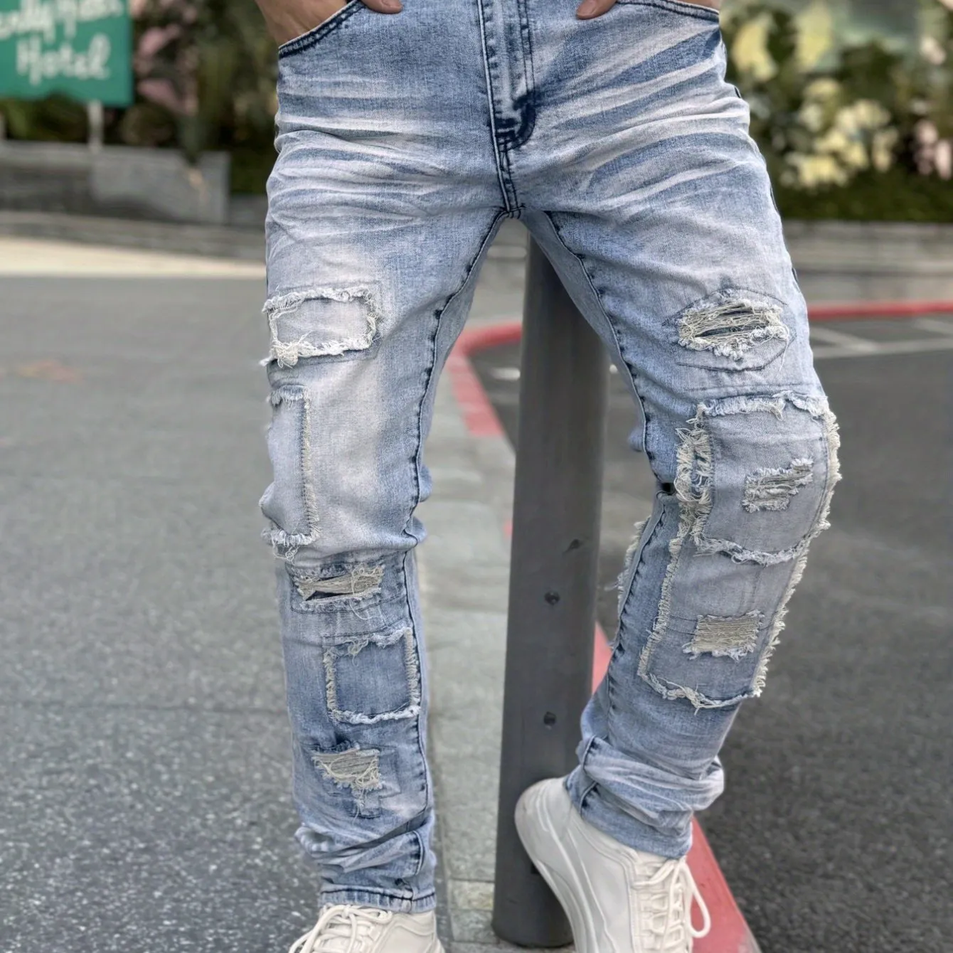 Men's Ripped Embroidery Stretch Denim Jeans - Trendy Street Style