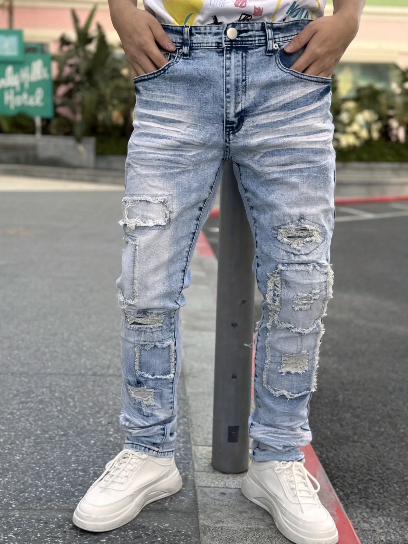 Men's Ripped Embroidery Stretch Denim Jeans - Trendy Street Style